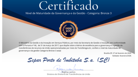 Porto de Imbituba conquista certificação de maturidade em Governança e Gestão do Governo Federal