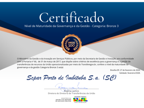 Porto de Imbituba conquista certificação de maturidade em Governança e Gestão do Governo Federal