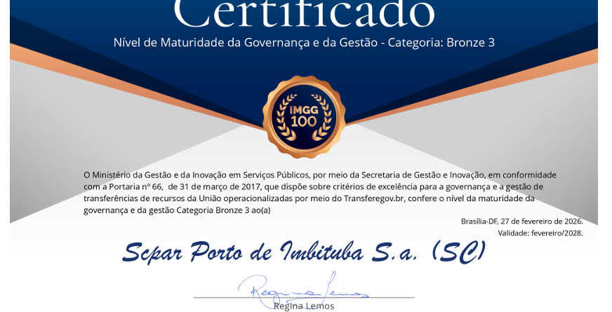 Porto de Imbituba conquista certificação de maturidade em Governança e Gestão do Governo Federal